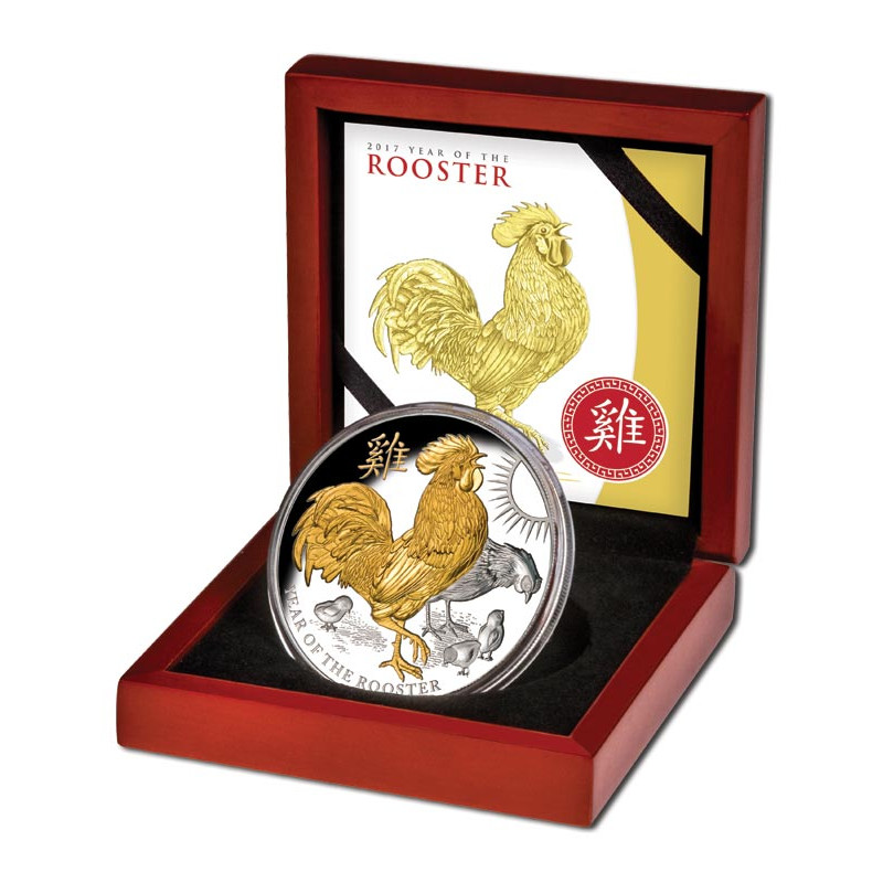 Strieborná minca 5 Oz Lunar Series II Year of the Rooster 2017 Pozlátené