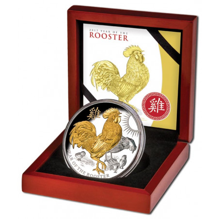 Strieborná minca 5 Oz Lunar Series II Year of the Rooster 2017 Pozlátené