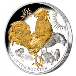 Strieborná minca 5 Oz Lunar Series II Year of the Rooster 2017 Pozlátené