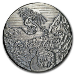 Strieborná minca 10 Oz Dragon verzus Vikings Ultra High Relief