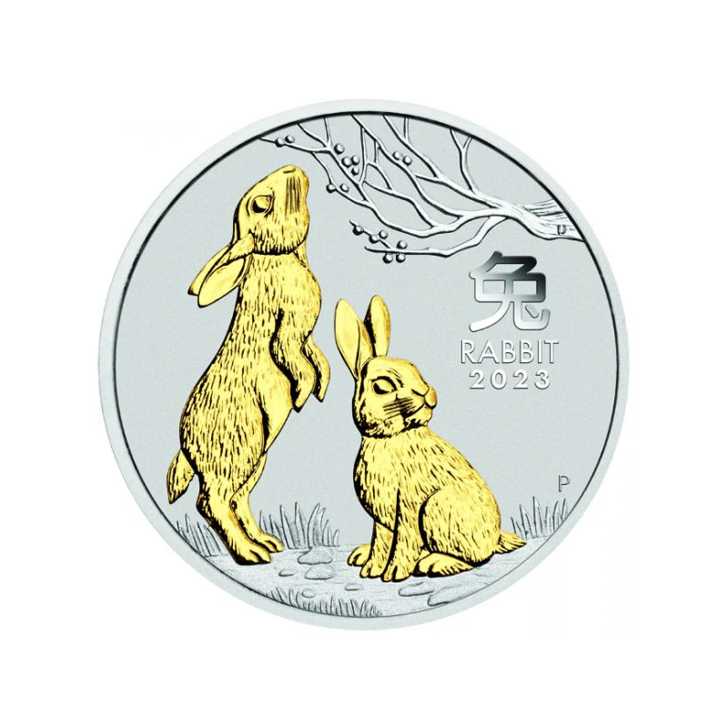 Strieborná minca 1 Oz Lunar Series III Year of the Rabbit 2023 Pozlátené