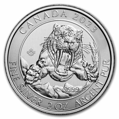 Strieborná minca 2 Oz Ice Age Canada Šabľozubý tiger 2023