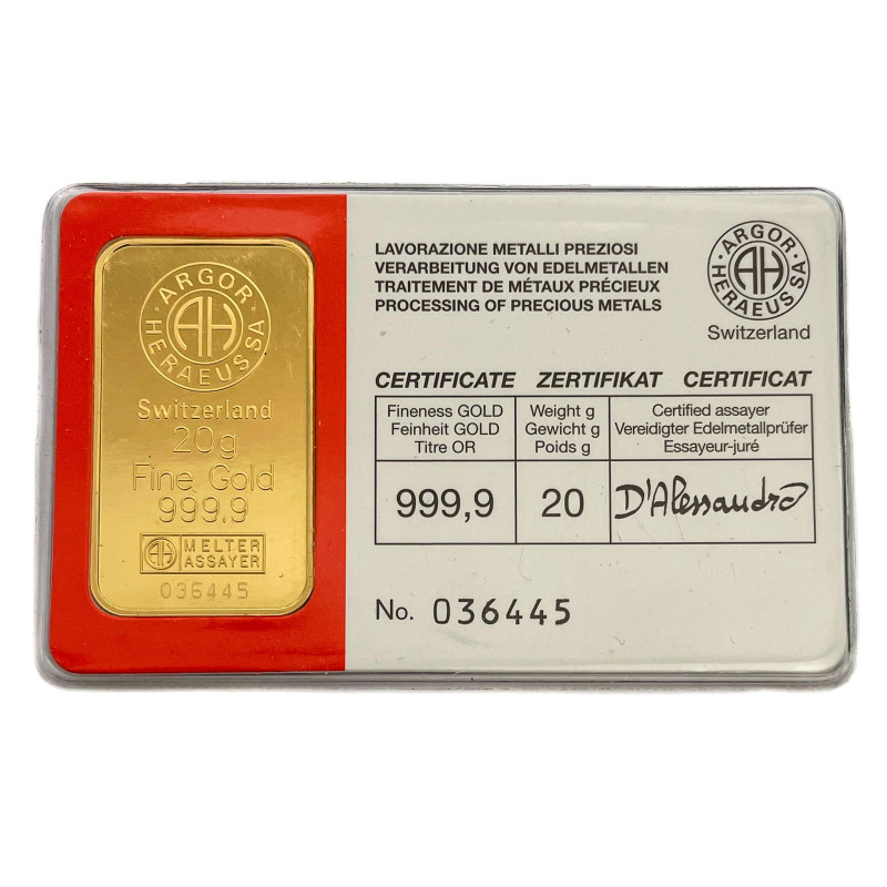 Zlatý zliatok 20 g Argor Heraeus (v karte)