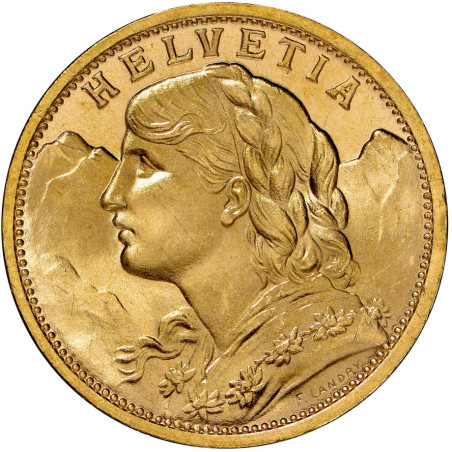Zlatá minca 20 Frank Helvetia Vreneli rôzne roky (1883-1949)