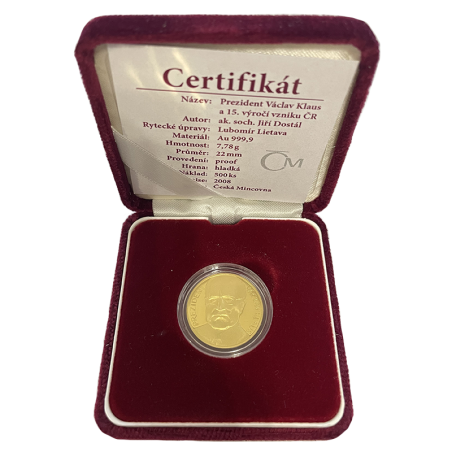 Zlatá medaila 1/4 Oz Prezident Václav Klaus a 15. výročie vzniku ČR 2008 Proof