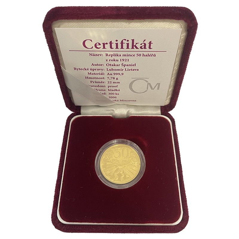 Zlatá medaila 1/4 Oz Replika mince 50 halierov z roku 1921 2006 Proof