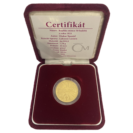 Zlatá medaila 1/4 Oz Replika mince 50 halierov z roku 1921 2006 Proof