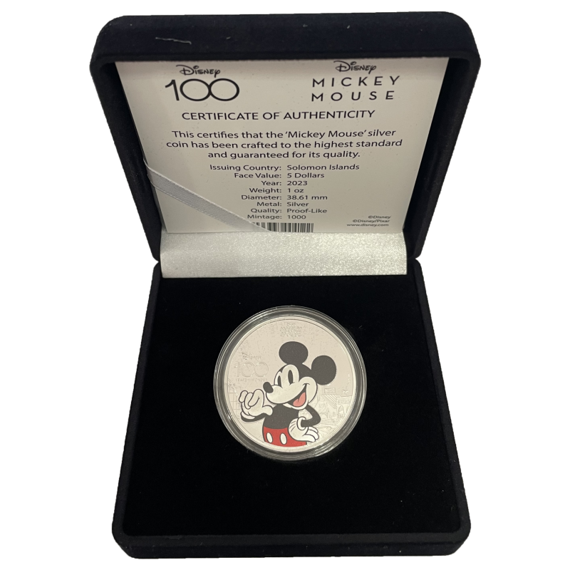 Strieborná minca 1 Oz 100 Years of Wonder Mickey Mouse 2023 Proof Kolorované