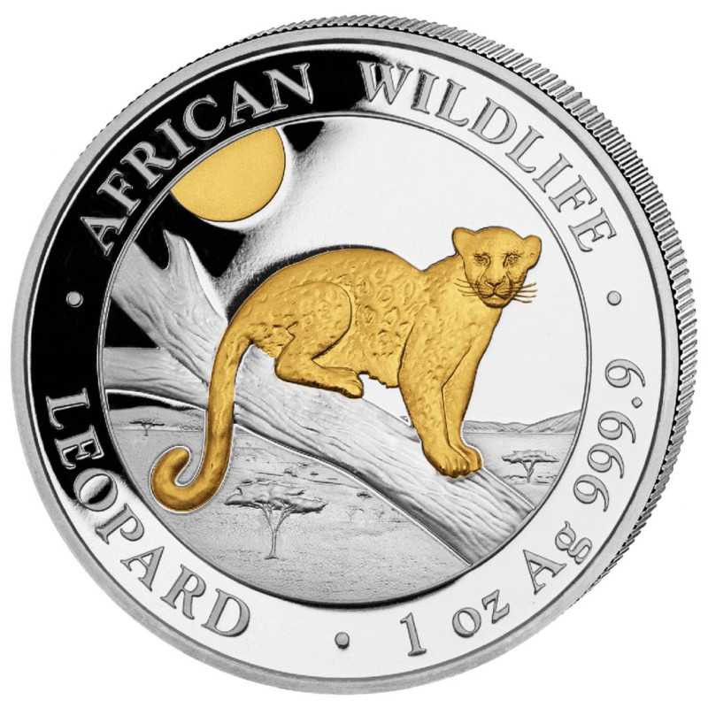 Strieborná minca 1 Oz African Wildlife Leopard 2021 Pozlátené