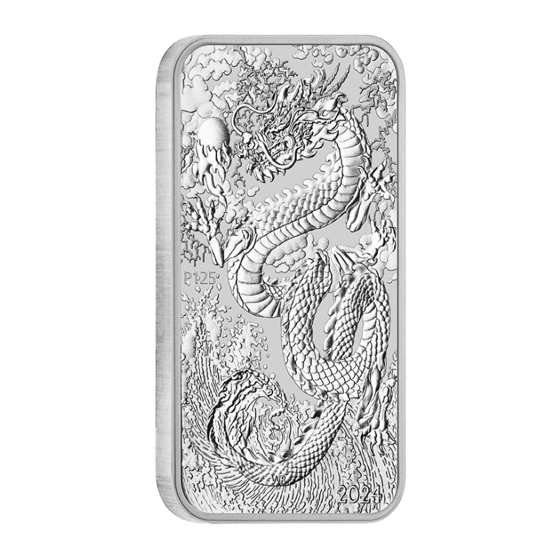 Strieborná minca v tvare zliatiny 1 Oz Dragon Rectangle 2024