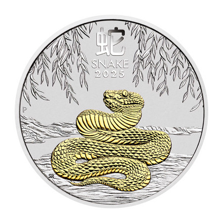 Strieborná minca 1 Oz Lunar Series III Year of the Snake 2025 Pozlátené