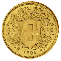 Zlatá minca 20 Frank Helvetia Vreneli rôzne roky (1883-1949)