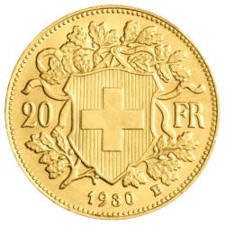 Zlatá minca 20 Frank Helvetia Vreneli rôzne roky (1883-1949)