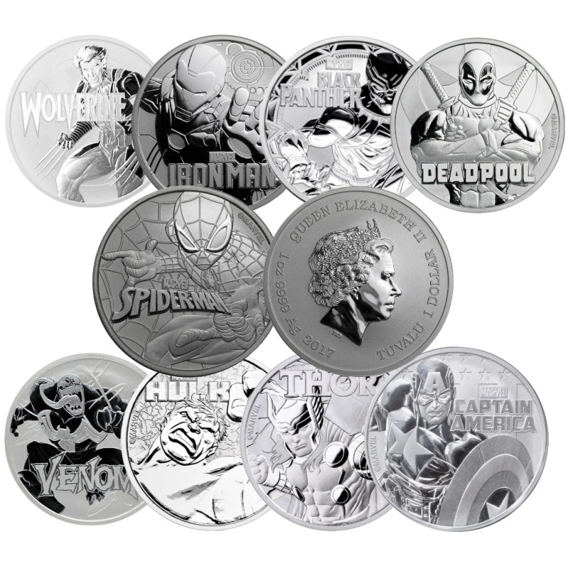 Sada strieborných mincí 9 x 1 Oz Marvel 2017-2021