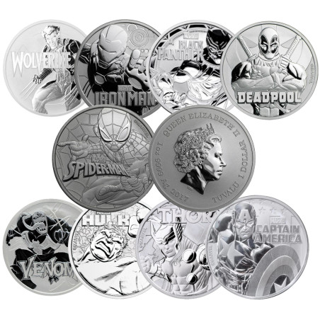 Sada strieborných mincí 9 x 1 Oz Marvel 2017-2021
