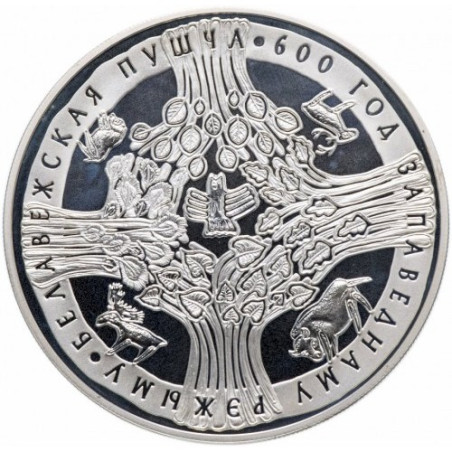 Sríborná pamätná minca 1 Oz Bielorusko k 600. výročiu Prírodnej Rezervácie Bielovežského pralesa 2009 Proof